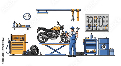 Motorcycle Mechanic Working on Motorcycle in Workshop.