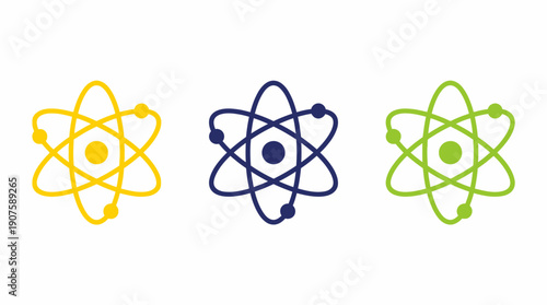 Three stylized atom structure icons in yellow, blue and green illustrating chemistry and physics, concept for scientific branding, technology presentations and educational content