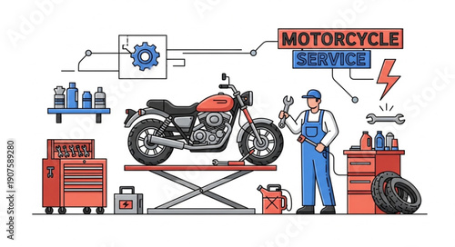 Motorcycle Mechanic Working on Motorcycle Service Lift.