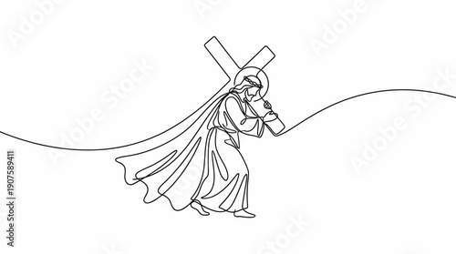 Continuous one-line drawing of Jesus Christ carrying the cross on his way to crucifixion, concept for Easter celebration, religious illustration and church banner