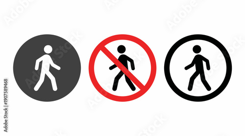 Three pedestrian sign icons displaying walk allowed, walking man and red prohibition no entry symbols, concept for traffic warnings, safety regulations and public navigation design