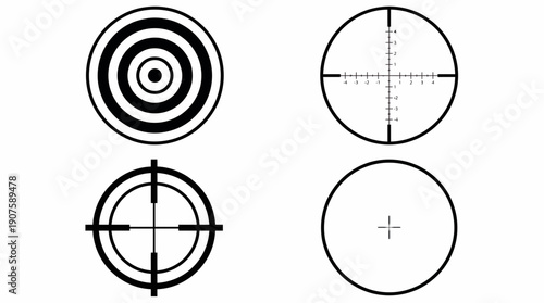 Four isolated black vector targets showing a bullseye and various scope crosshairs on a white background, concept for gaming interfaces, sports aiming and military precision