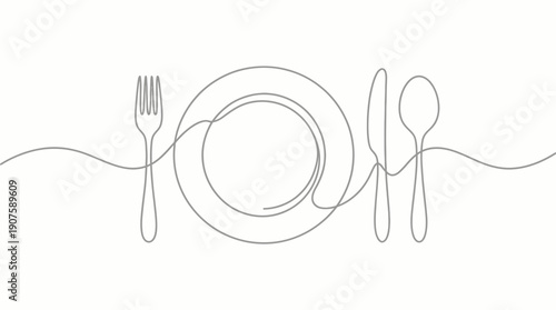 Continuous single line art drawing of a fork, plate, knife and spoon illustration on a pristine white background, concept for restaurant menu design, cafe branding and food industry logos