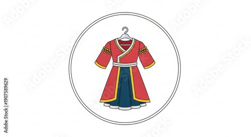 Vibrant traditional kimono style dress on hanger with white background