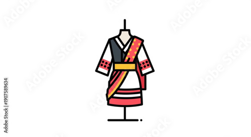 Traditional kimono dress on mannequin with vibrant red and yellow sash