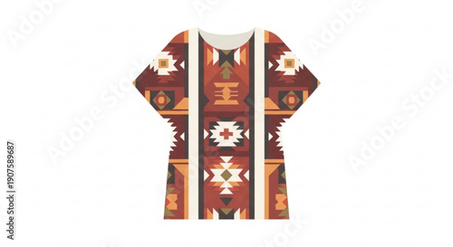 Vibrant southwestern style tunic with intricate geometric patterns and bold colors on white background