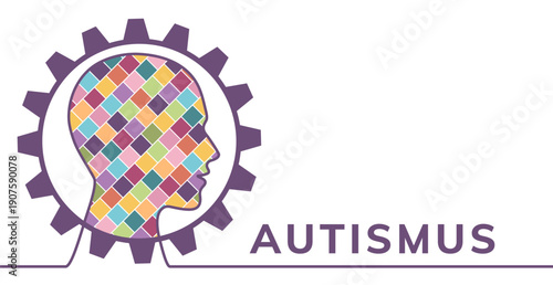 Autismus Banner - deutscher Schriftzug mit abstraktem Kopf gefüllt mit bunten Kacheln umrandet von einem Zahnrad.