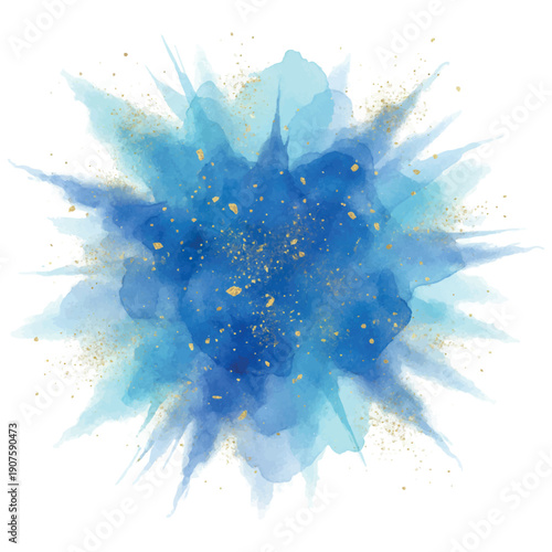 Abstract blue watercolor explosion with golden glitter splashes luxury greeting card template design