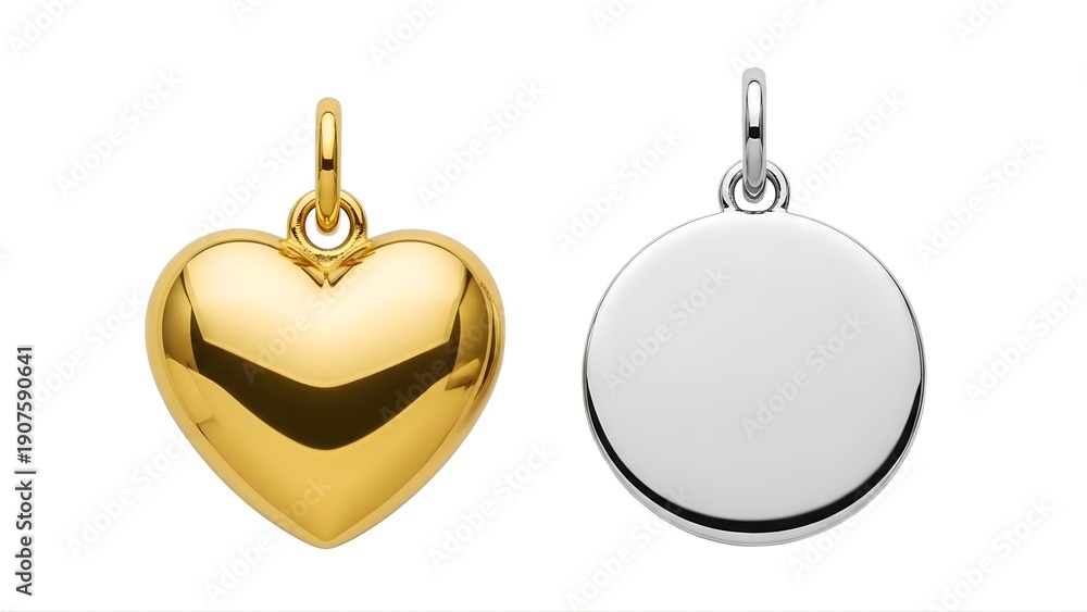 Obraz premium A gold heart-shaped pendant and a silver round pendant on transparent background