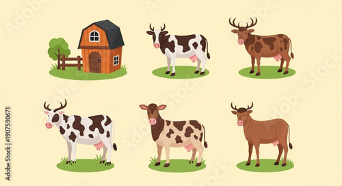 Farm animals and barn illustration set.