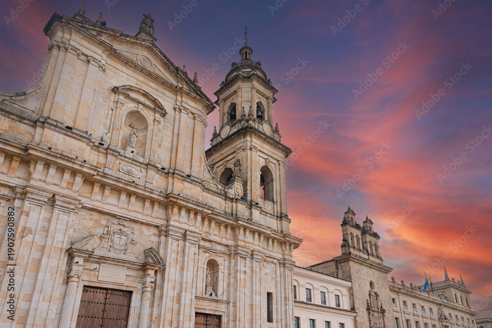 Fototapeta premium Neoclassical facade of the Primatial Cathedral of Bogotá at Bolivar Square, Colombia