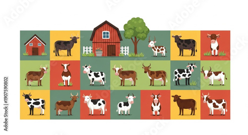 Farm animals and barn illustration with colorful background.