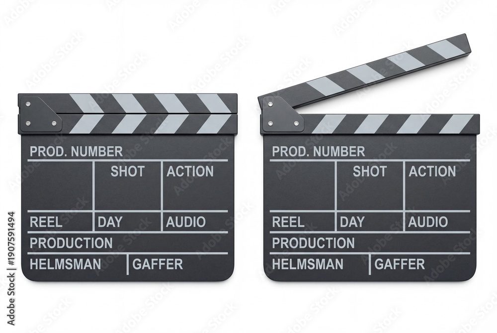 Fototapeta premium Two professional film clapperboards one open and one closed