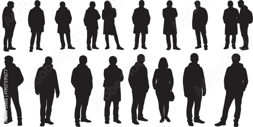 Silhouettes of people standing in various poses and outfits