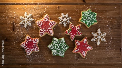 Festive star-shaped Christmas cookies with intricate icing designs on a rustic wooden background, dusted with powdered sugar