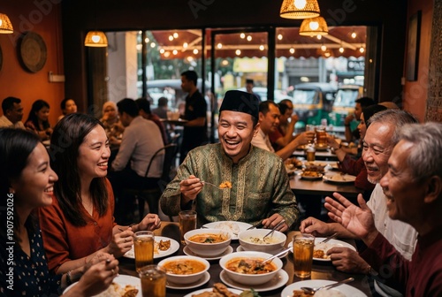 Wallpaper Mural Joyful asian muslim man with a songkok cap dining with friends at a busy restaurant after sunset Torontodigital.ca