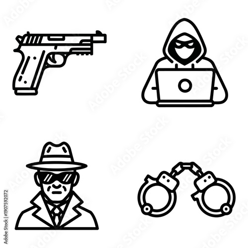 Crime and justice icons: handgun, hacker, detective, and handcuffs symbolizing law enforcement, security, and illegal activity.