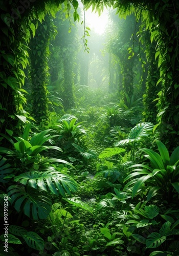 Lush, vibrant green vegetation filling the frame, showcasing the dense, humid environment of a wild tropical jungle, texture, wilderness, organic