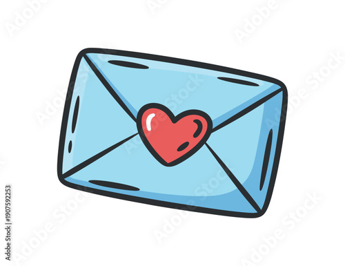 A hand drawn blue envelope with a red heart adorning the front panel