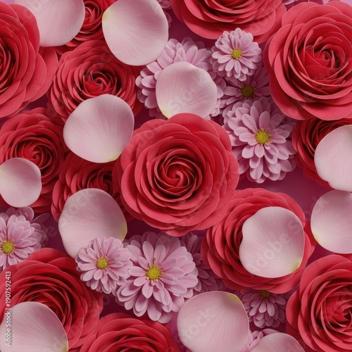 Romantic composition of overlapping rose petals and blooming flowers creating a rich, textured floral background pattern, pink, decorative, collection