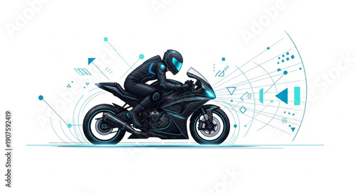 Motorcycle Rider in Futuristic Digital Environment.