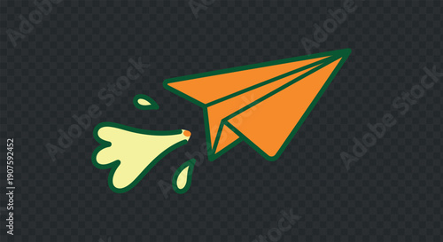 An orange paper airplane with a yellow flame trail against a dark background