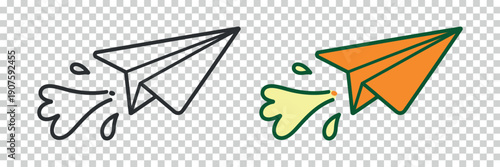 Two paper airplanes one outlined in black and one colored showing motion