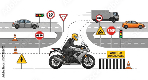 Motorcycle Rider Navigating Busy Road with Traffic Signs.