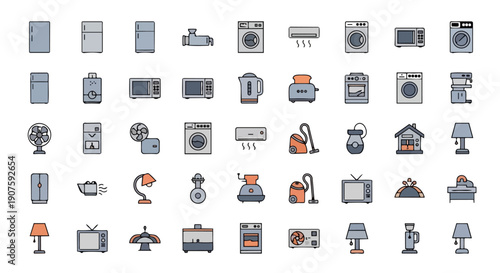 Home appliance and household electronics icon set – modern flat outline vector collection