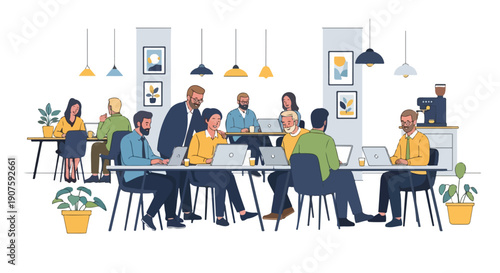 Illustration of a diverse group of people collaborating around a table in a modern office with laptops and plants.