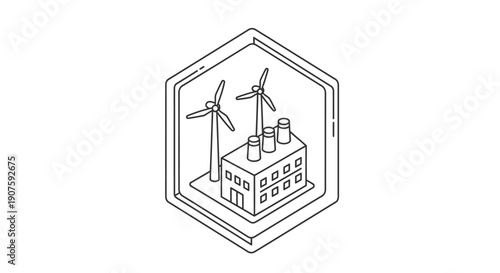 A clean line art illustration depicts a factory and wind turbines, emphasizing the vital connection between sustainable industrial development and renewable energy.