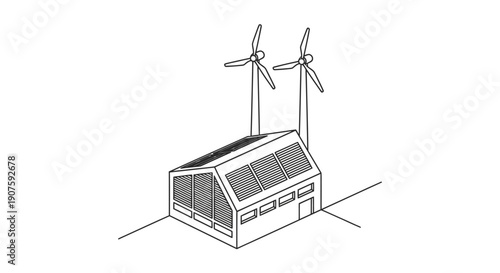 An illustration of a building with solar panels and wind turbines, representing clean energy, sustainable living, and environmentally friendly architecture.