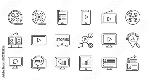 A collection of 20 black line icons depicting various digital media and technology symbols on a white background with a minimalist style.