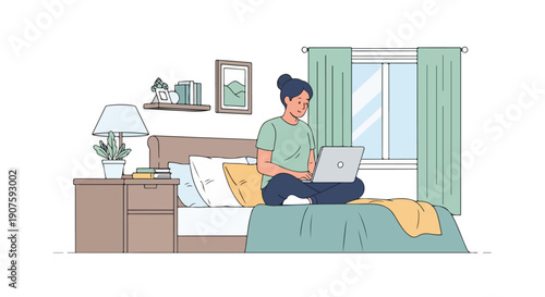 Young man sitting on a bed with a laptop in a cozy bedroom with a window and green curtains.
