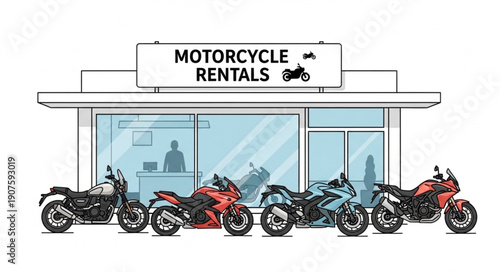 Motorcycle Rental Shop with Various Bikes Lined Up Outside.