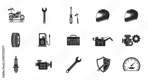 Motorcycle Repair and Maintenance Icons Set.