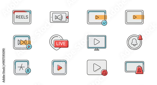 Collection of various video and live stream icons on a white background with a modern digital style.