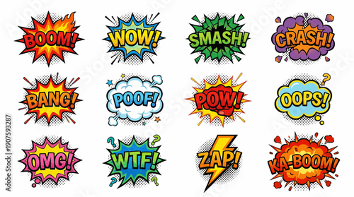 Twelve vibrant comic sound effects and expression bubbles in pop art style with halftone dots, concept for digital advertising, social media posts and graphic design projects