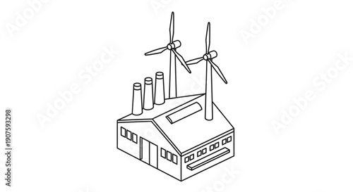 A clean isometric line art illustration shows a factory building with traditional smokestacks and innovative wind turbines, symbolizing sustainable industrial energy.