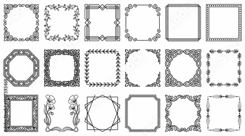 Twenty-four black outline vintage vector frames and borders set with detailed floral, ornamental and geometric designs, concept for wedding invitation, certificate design and menu decoration