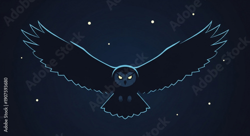 Owl Flying in Dark Night Sky with Stars, Vector Illustration