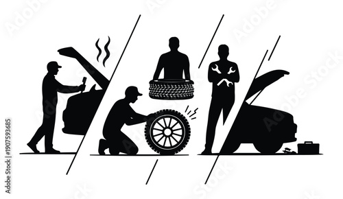 Car mechanics working on vehicles, changing tire, and inspecting car engine