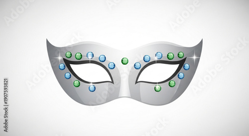 Silver Masquerade Mask with Blue and Green Jewels Isolated on White Background