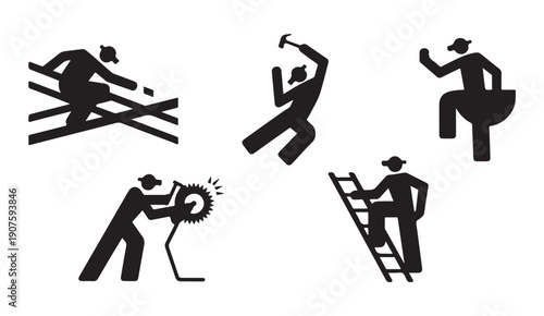 Collection of worker silhouettes engaged in various construction and repair activities