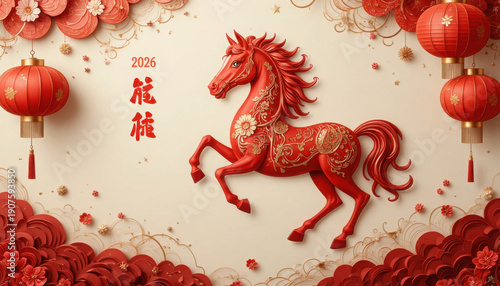 Traditional Chinese New Year illustration featuring a majestic red horse, lanterns, and floral decorations for the Year of the Horse 2026