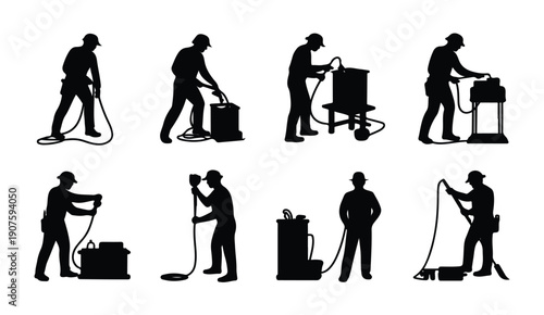 Industrial workers silhouettes operating machinery and tools for production on white background