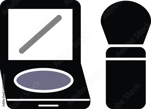 Cosmetic Essentials: A stylized depiction of a compact with a built-in mirror alongside a makeup brush, essential tools for beauty and personal grooming.