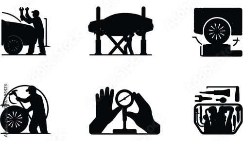 Set of various car repair and maintenance tasks performed by mechanics flat vector icons