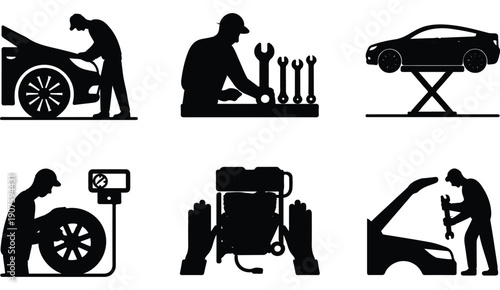 Set of auto service mechanics at work on car repair and maintenance flat vector illustration