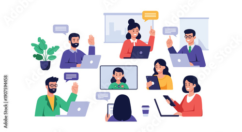 Illustration of a diverse group of people collaborating and communicating with laptops and speech bubbles in a modern office setting with a vibrant and productive atmosphere.